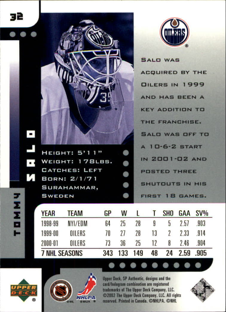 2001-02 SP Authentic #32 Tommy Salo back image