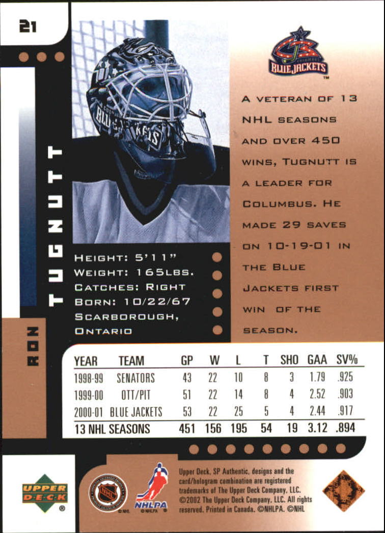 2001-02 SP Authentic Limited #21 Ron Tugnutt back image