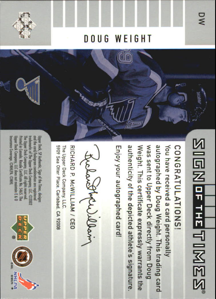 2001-02 SP Authentic Sign of the Times #DW Doug Weight back image