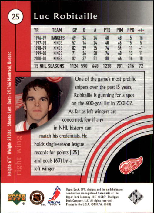 2001-02 SPx #25 Luc Robitaille back image