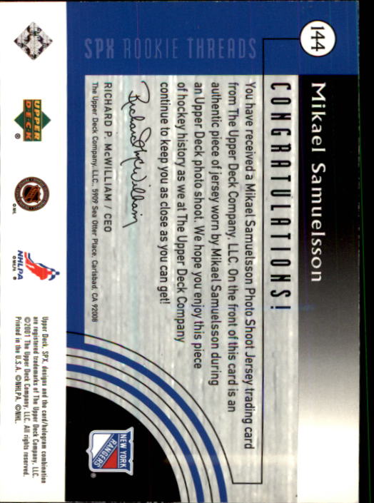 2001-02 SPx #144A Mikael Samuelsson AW/1500 RC back image