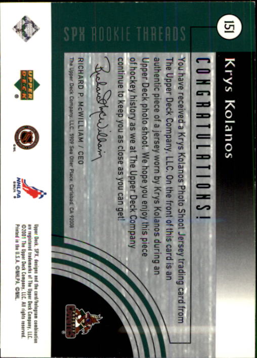 2001-02 SPx #151A Krys Kolanos AW/800 RC back image