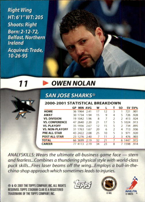 2001-02 Stadium Club #11 Owen Nolan back image