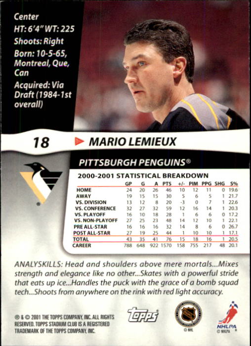 2001-02 Stadium Club #18 Mario Lemieux back image