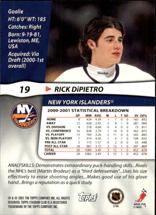 2001-02 Stadium Club #19 Rick DiPietro back image