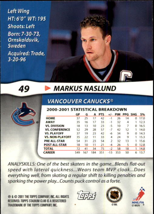 2001-02 Stadium Club #49 Markus Naslund back image