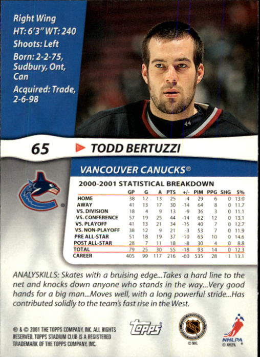 2001-02 Stadium Club #65 Todd Bertuzzi back image