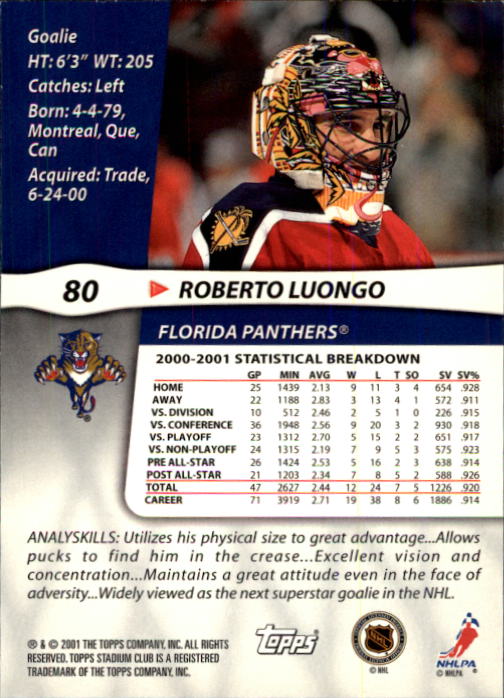 2001-02 Stadium Club #80 Roberto Luongo back image