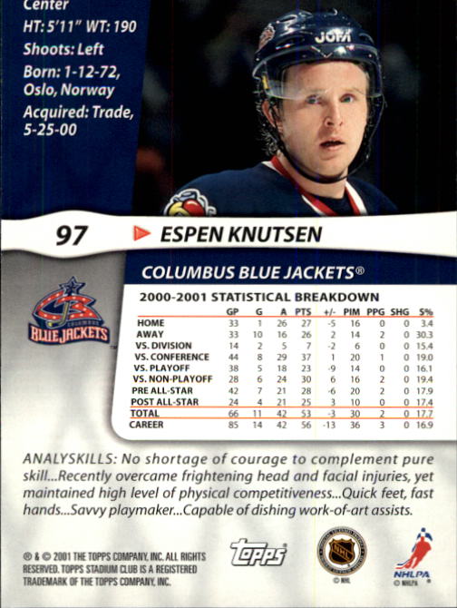2001-02 Stadium Club #97 Espen Knutsen back image