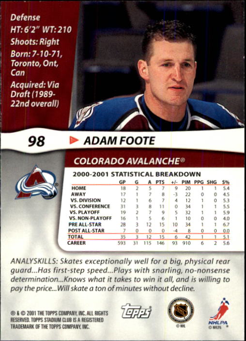 2001-02 Stadium Club #98 Adam Foote back image