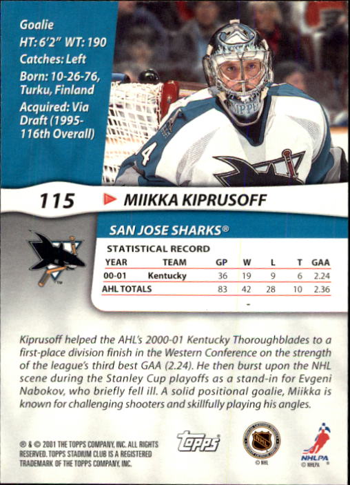 2001-02 Stadium Club #115 Miikka Kiprusoff PP back image