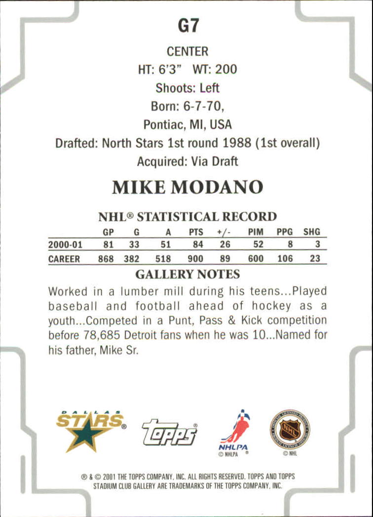 2001-02 Stadium Club Gallery #G7 Mike Modano back image