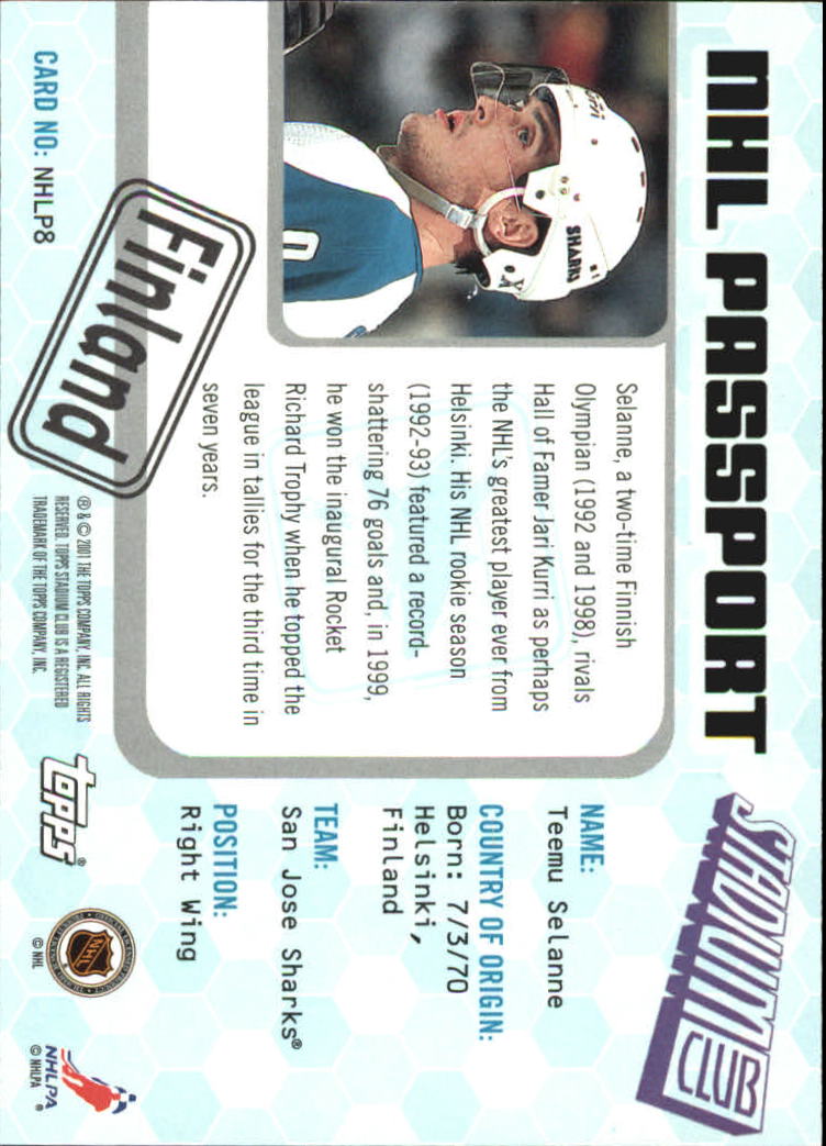 2001-02 Stadium Club NHL Passport #NHLP8 Teemu Selanne back image