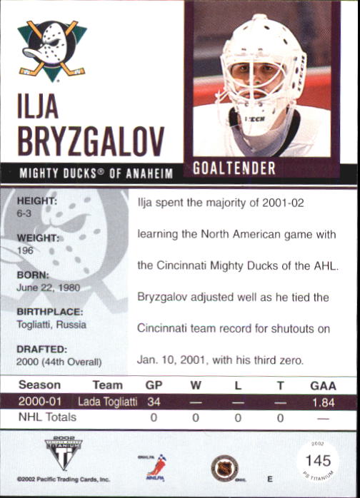2001-02 Titanium Retail #145 Ilja Bryzgalov RC back image