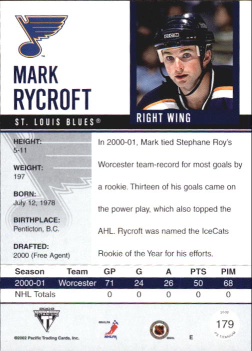2001-02 Titanium Retail #179 Mark Rycroft RC back image