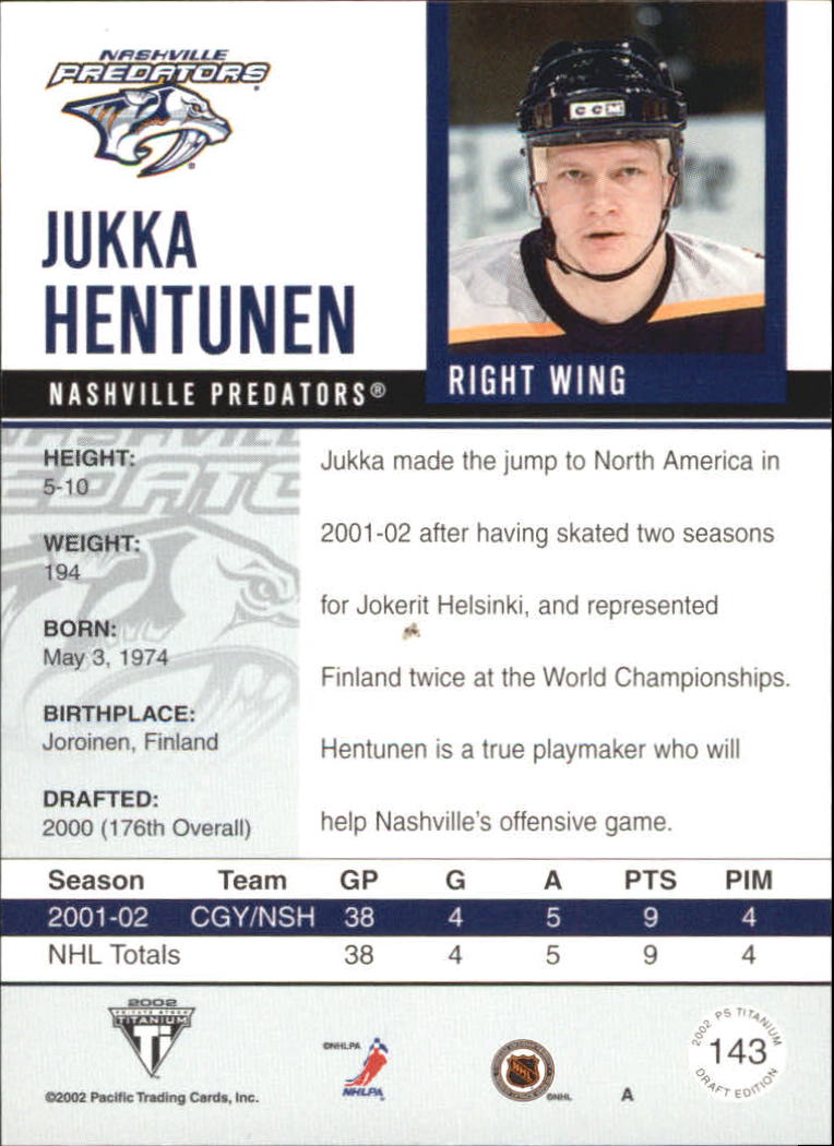2001-02 Titanium Draft Day Edition #143 Jukka Hentunen RC back image