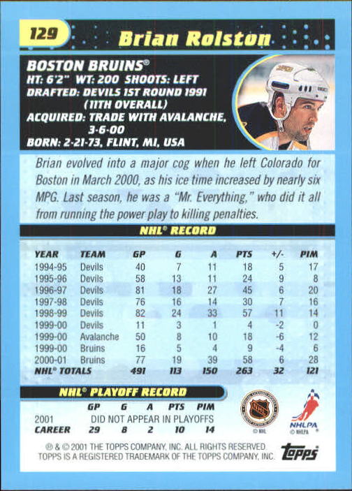 2001-02 Topps #129 Brian Rolston back image