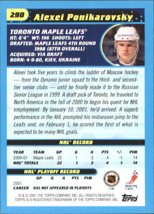 2001-02 Topps #290 Alexei Ponikarovsky back image