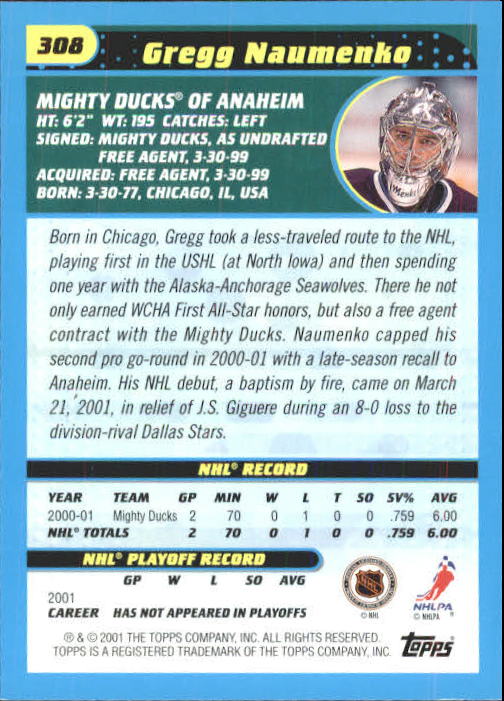2001-02 Topps #308 Gregg Naumenko back image
