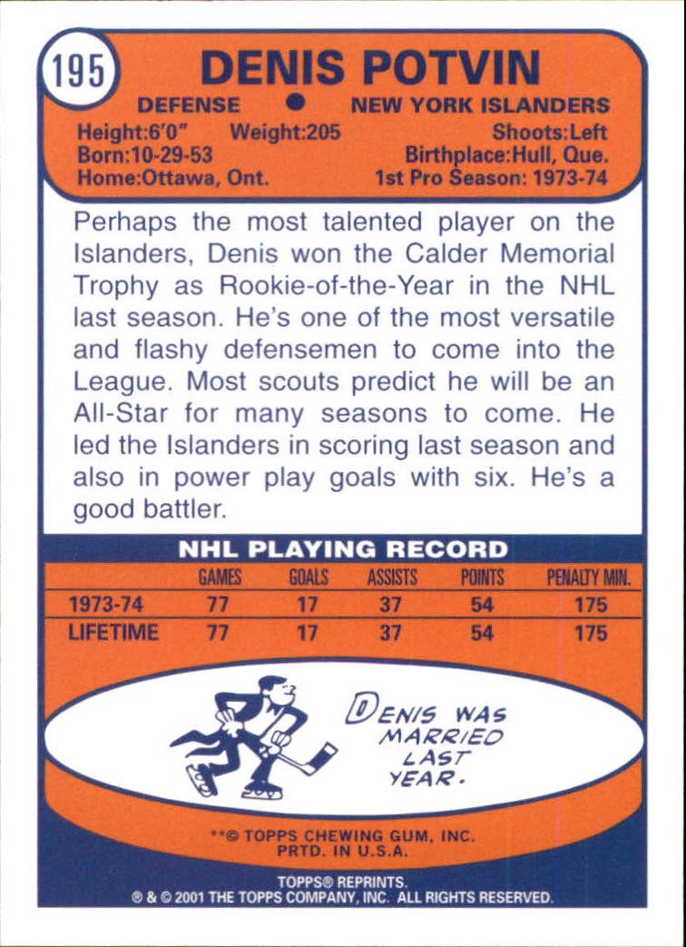 2001-02 Topps Rookie Reprints #1 Denis Potvin back image