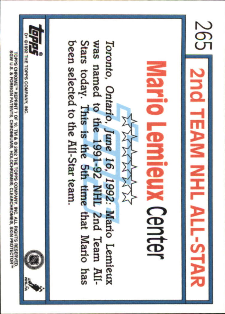 2001-02 Topps Chrome Mario Lemieux Reprints #7 Mario Lemieux back image