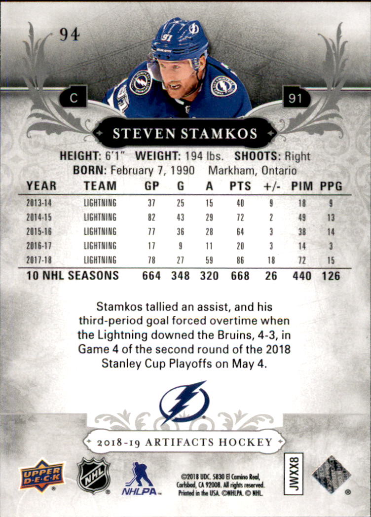 2018-19 Artifacts #94 Steven Stamkos back image