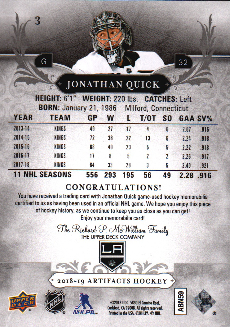 2018-19 Artifacts Materials Silver #3 Jonathan Quick back image