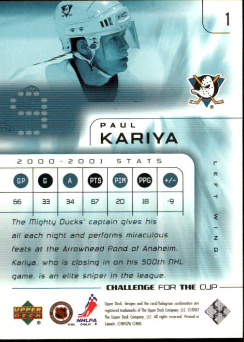 2001-02 UD Challenge for the Cup #1 Paul Kariya back image
