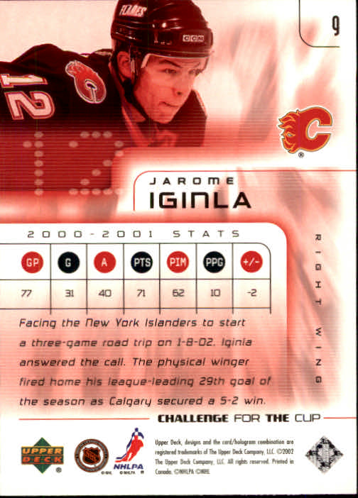2001-02 UD Challenge for the Cup #9 Jarome Iginla back image
