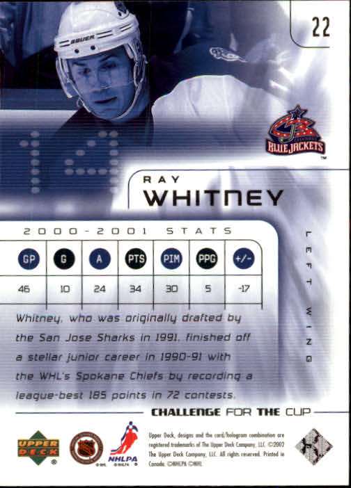 2001-02 UD Challenge for the Cup #22 Ray Whitney back image