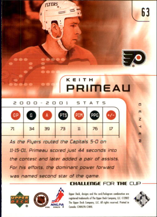 2001-02 UD Challenge for the Cup #63 Keith Primeau back image