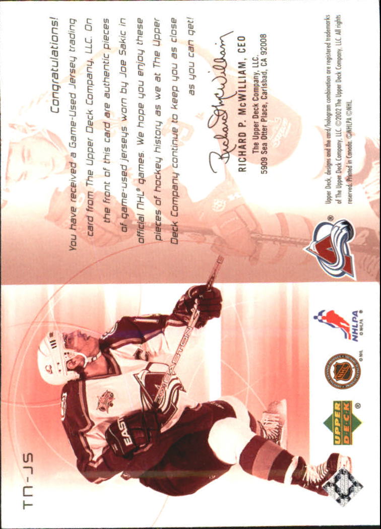 2001-02 UD Challenge for the Cup Jerseys #TNJS Joe Sakic Dual back image