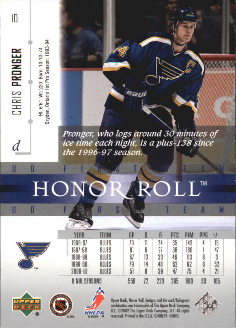 2001-02 Upper Deck Honor Roll #10 Chris Pronger back image