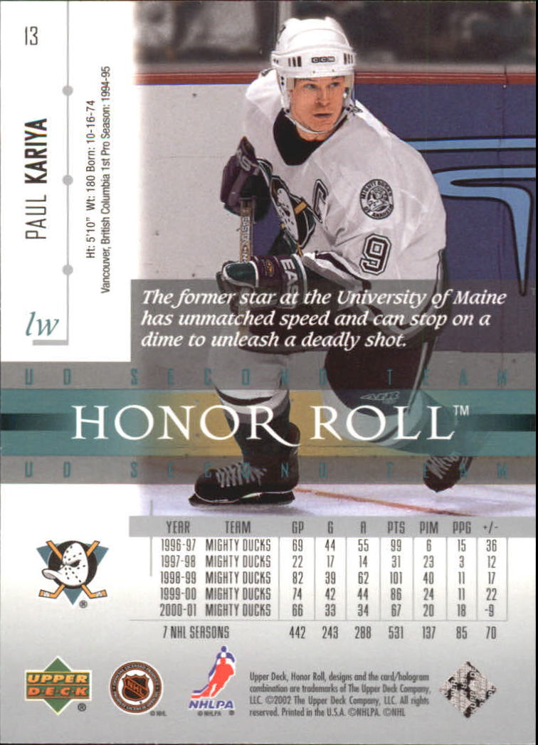 2001-02 Upper Deck Honor Roll #13 Paul Kariya back image