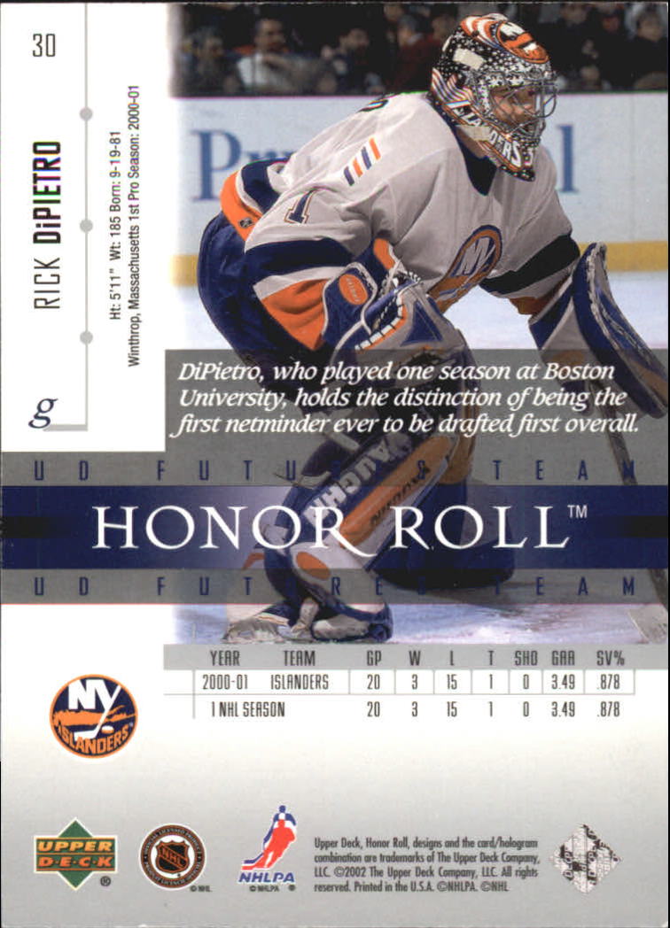 2001-02 Upper Deck Honor Roll #30 Rick DiPietro back image