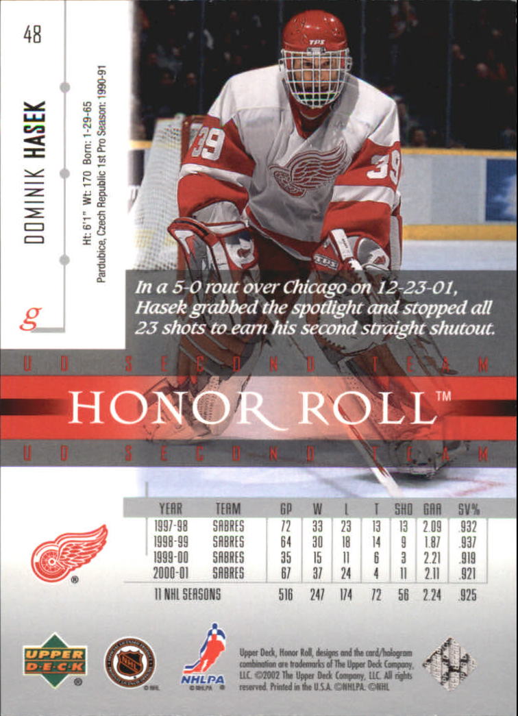 2001-02 Upper Deck Honor Roll #48 Dominik Hasek back image