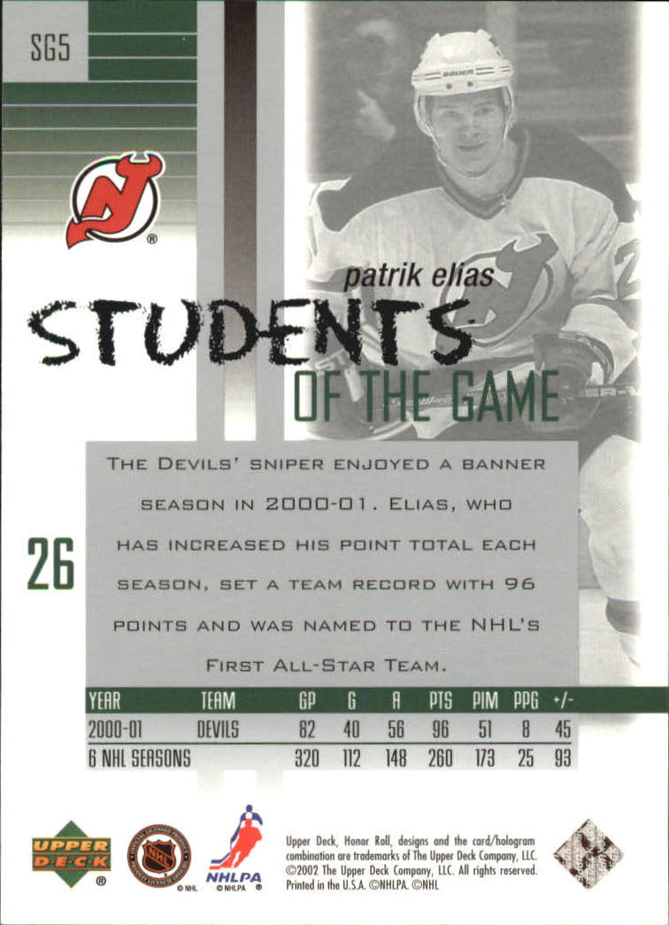2001-02 Upper Deck Honor Roll Student of the Game #SG5 Patrik Elias back image