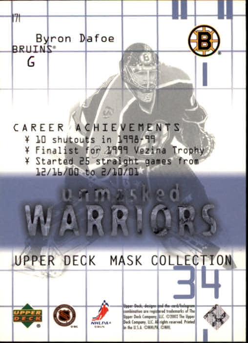 2001-02 UD Mask Collection #171 Byron Dafoe UW back image