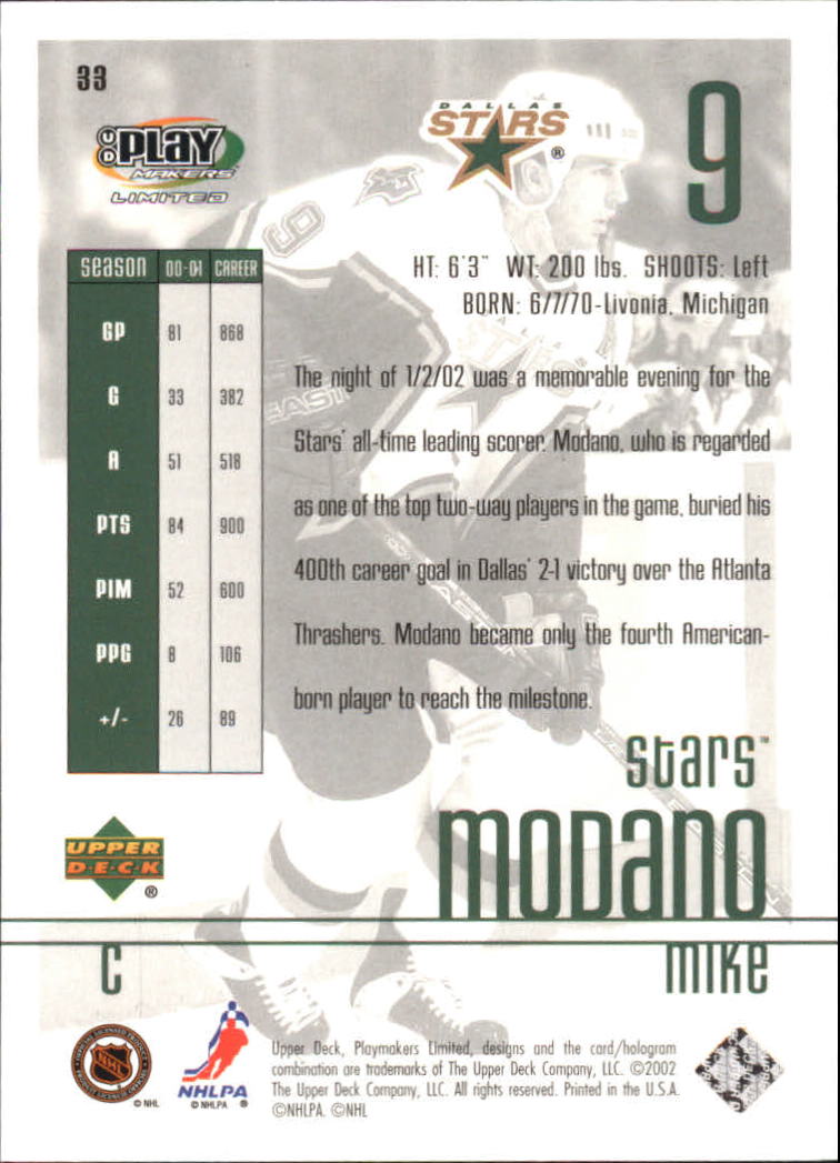 2001-02 UD Playmakers #33 Mike Modano back image