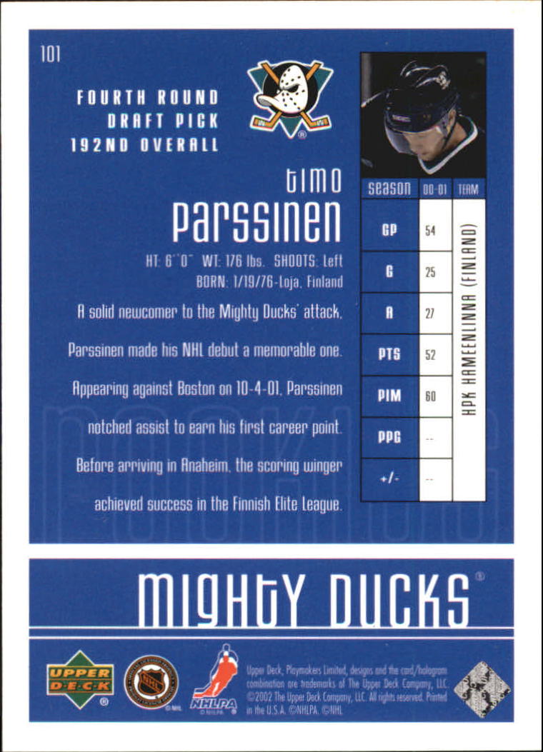 2001-02 UD Playmakers #101 Timo Parssinen RC back image