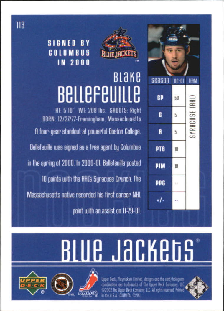 2001-02 UD Playmakers #113 Blake Bellefeuille RC back image