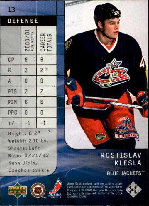 2001-02 UD Top Shelf #13 Rostislav Klesla back image
