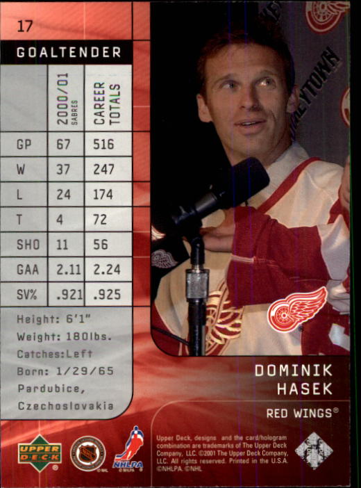 2001-02 UD Top Shelf #17 Dominik Hasek back image
