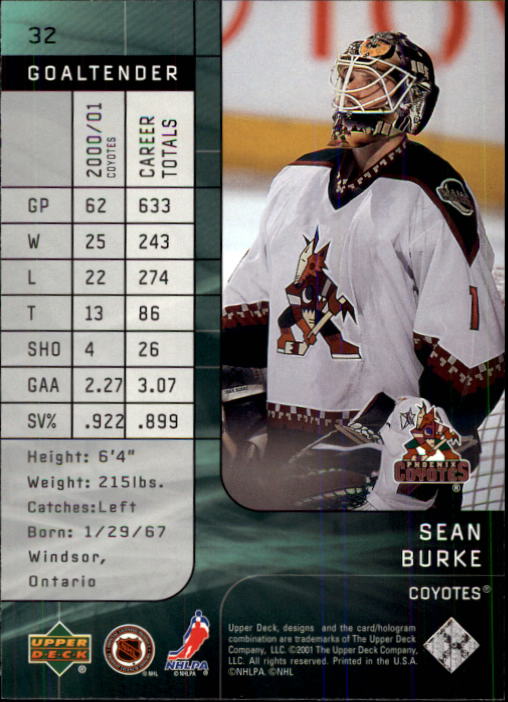2001-02 UD Top Shelf #32 Sean Burke back image
