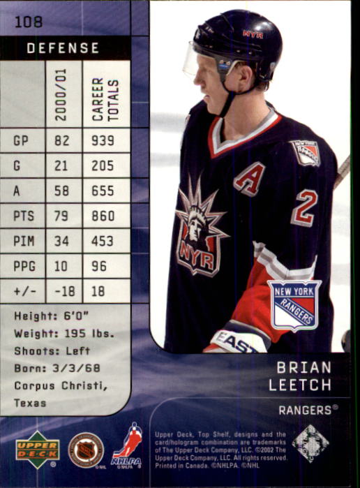 2001-02 UD Top Shelf #108 Brian Leetch back image