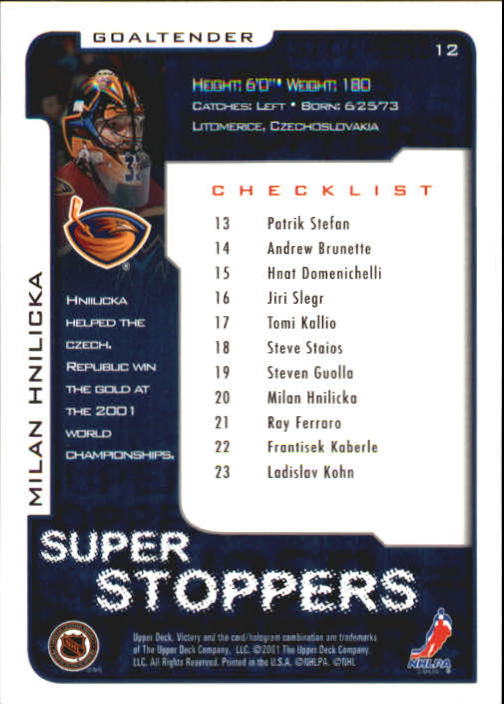 2001-02 Upper Deck Victory #12 Milan Hnilicka CL back image