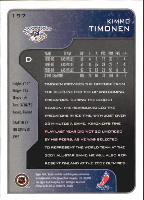 2001-02 Upper Deck Victory #197 Kimmo Timonen back image