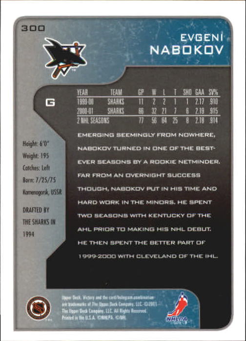2001-02 Upper Deck Victory #300 Evgeni Nabokov back image