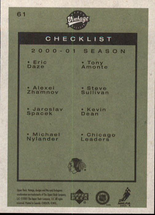 2001-02 Upper Deck Vintage #61 Blackhawks CL/Tony Amonte/Eric Daze/Alexei Zhamnov/Steve Sullivan back image