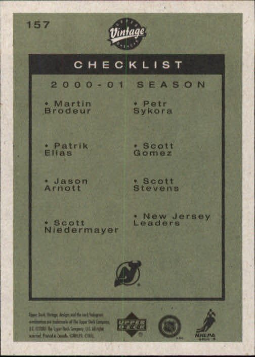 2001-02 Upper Deck Vintage #157 Devils CL/Martin Brodeur/Scott Stevens/Jason Arnott/Bobby Holik back image